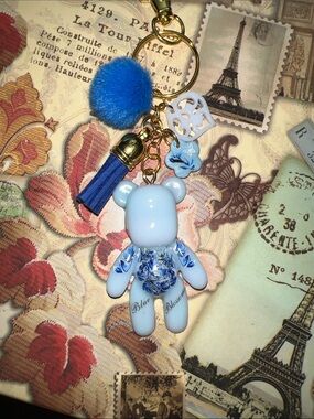Blue Blossom Bear Keychain purse charm with Pom Tassel